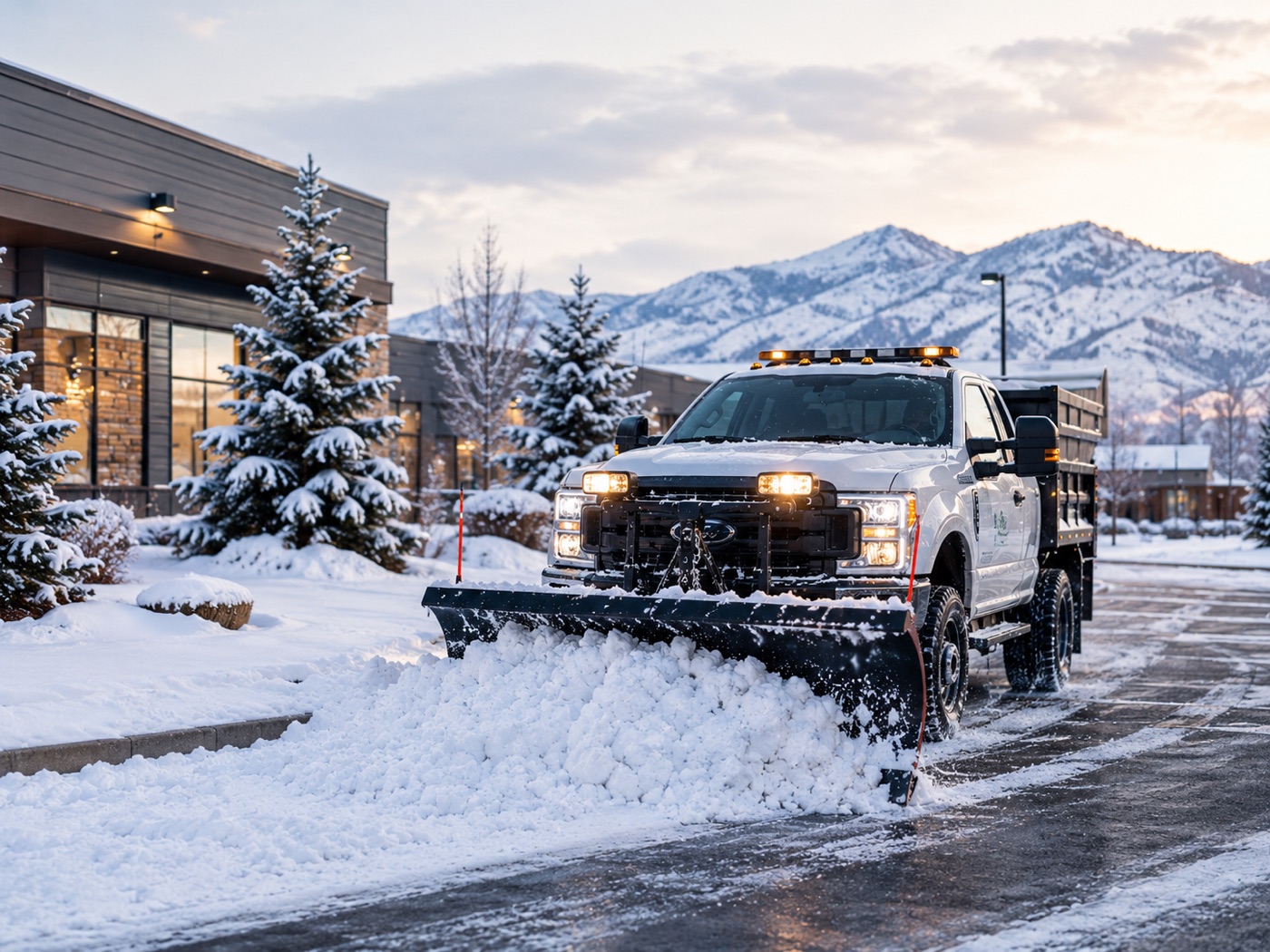 Peak Utah Landscaping plow truck clearing snow with the snowy Wasatch Mountains behind
