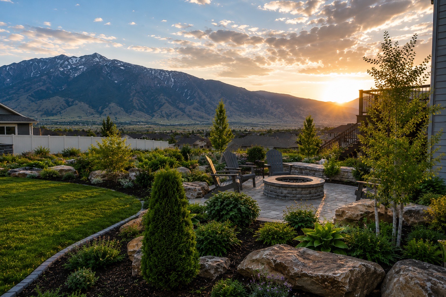 Backyard fire pit and paver patio with the Wasatch Mountains at sunset, by Peak Utah Landscaping